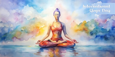 A beautiful girl is doing yoga. International Yoga Day congratulations. Greeting сard, invitation, banner, poster, flyer template. 
