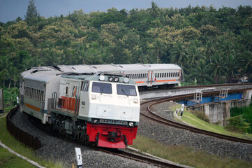 Fototapeta premium View of a passenger train moving in a rural or hilly area