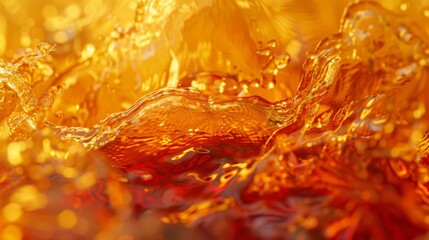 Abstract backdrop with a liquid golden splash effect and drinks. Oil, tea, rum, cognac, and whisky.