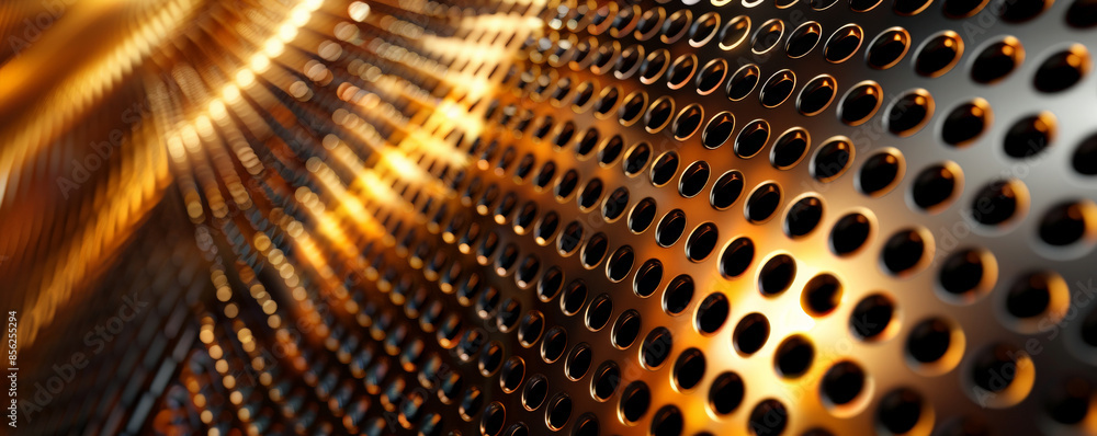 Poster metallic background featuring an intricate, perforated metal pattern, with dynamic light reflections