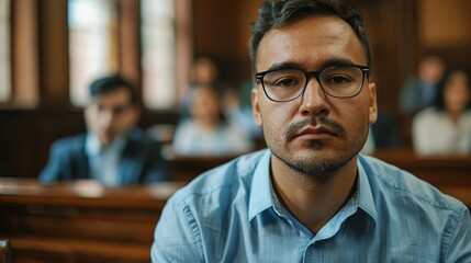 Obraz premium Courtroom concentration: Focused male subject amidst blurred background.