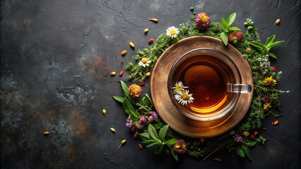 Creative layout of a cup of herbal tea on a dark background. View from above, herbal tea, cup, dark background