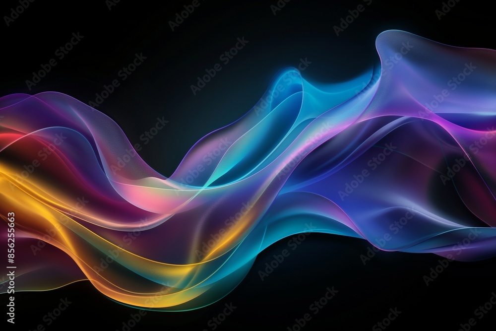 Poster abstract background with a colorful gradient, black background, holographic waves, iridescent colors
