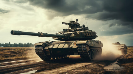 generated illustration of Armored tank shooting of a battle field in a war.