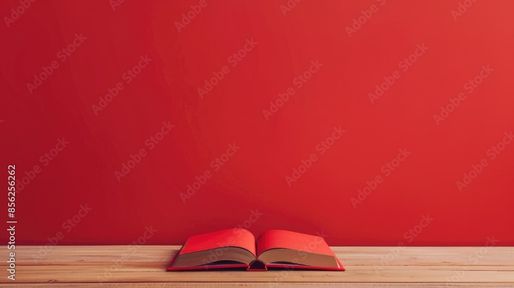 Poster red covered open textbook on wooden desk with red backdrop remote learning during quarantine