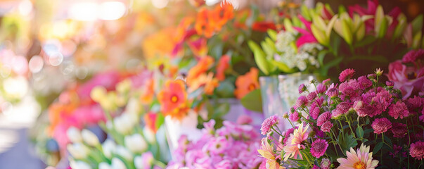 Mother's Day background with a light, airy scene of a flower market stall.