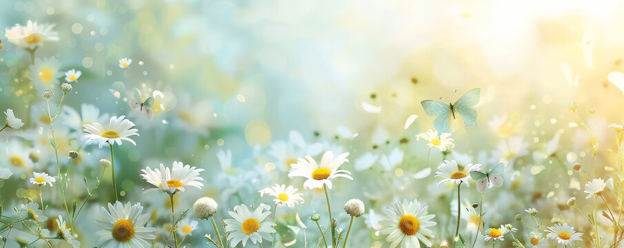 Mother's Day background with a light blue and yellow color scheme featuring daisies and butterflies.