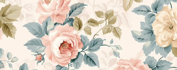Mother's Day background with a vintage-inspired floral wallpaper in soft pastel tones.