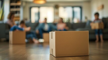 Moving day commotion with unpacked boxes in foreground and blurred family settling into new home.