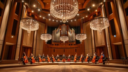 A string orchestra rehearses in a large concert hall with a pipe organ and ornate chandeliers.
