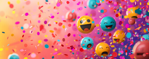World Emoji Day background with a colorful explosion of emojis and confetti, celebrating the diversity and fun of emojis.