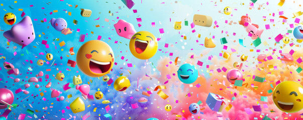World Emoji Day background with a colorful explosion of emojis and confetti, celebrating the diversity and fun of emojis.