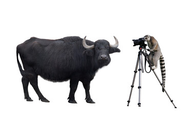 Naklejka premium lemur stands on a tripod and holds a camera and photographs a Carpathian buffalo. isolated on white background