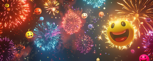 World Emoji Day background with a festive fireworks display, featuring emojis as the fireworks against a dark sky.