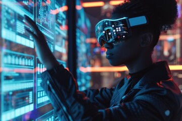 Person accessing futuristic data panels