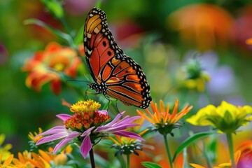 Fototapeta premium A colorful butterfly sipping nectar from a cluster of wildflowers.
