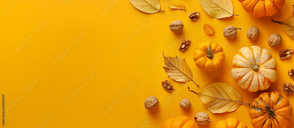 Wall mural Autumn yellow background with leaf litter, walnuts and pumpkins. Fall nature and floristics concept. Flat lay for sign design, poster, banner with copy space - Wall murals
