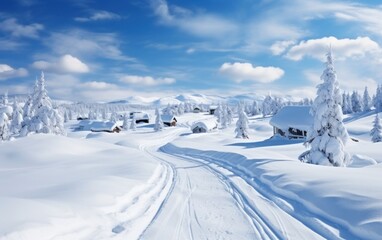 Obraz premium Snow-covered cabins and a winding path amidst a snowy mountain landscape