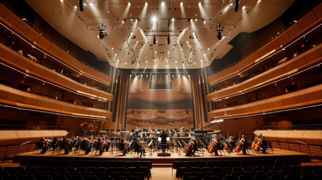 A full orchestra performs on stage in a large concert hall. The stage is lit with spotlights, and the audience seating is visible in the foreground.