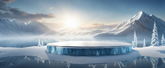 Ice background podium cold winter snow product platform floor frozen mountain iceberg. Podium glacier cool ice background stage landscape display icy stand 3d water nature pedestal arctic concept cave