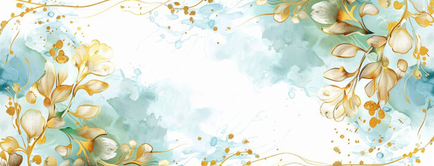 Floral background blue and green watercolor stains. Golden cherry leaves wall art with shiny light texture.