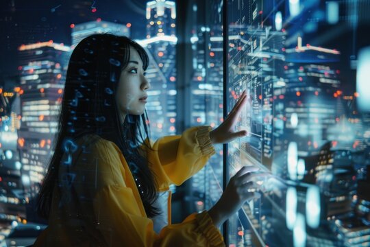 Woman in yellow jacket touching digital screen