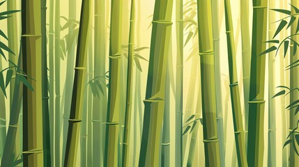 Fototapeta premium Tranquil bamboo forest with tall green stalks illuminated by soft sunlight, creating a serene and calming natural environment.