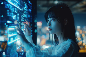 Woman using a holographic control panel