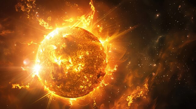 Stunning image of the sun emitting bright flares and radiant heat in space, surrounded by cosmic dust and starry background.