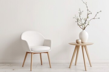 Minimalistic interior with white chair, wooden table, and vase with branches in a bright room with wooden flooring.