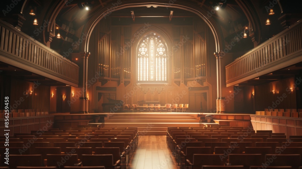 Aufkleber an empty auditorium with rows of seats facing a stage with a large stained glass window behind it. t