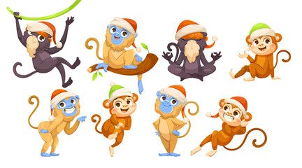 Cute cartoon monkeys wearing Santa hats in various poses on a white background. Christmas and holiday concept. Vector illustration