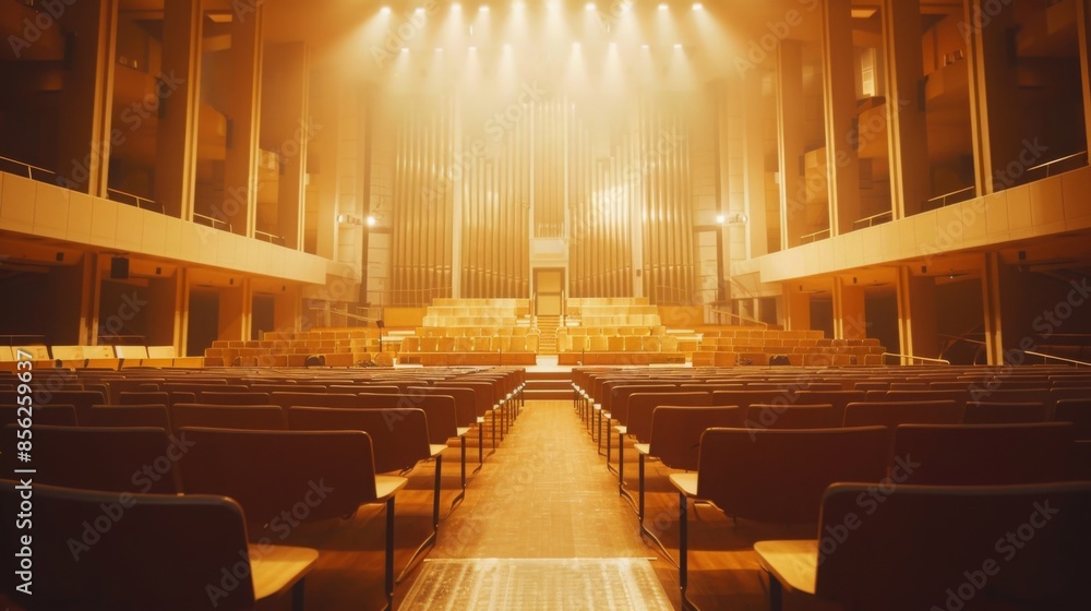 Poster a wide shot of an empty auditorium with rows of seats facing the stage. spotlights illuminate the st