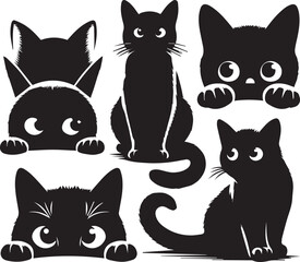 Collection of Black Cat Faces Peeking from Corners: Playful and Spying Pets - Tattoo Designs