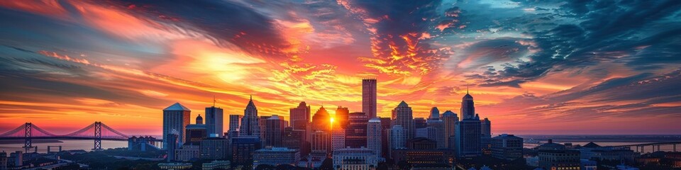 Obraz premium Stunning Seattle Skyline at Sunrise: Captivating Early Morning View of Downtown with Vivid Colors Lighting Up the Sky and Iconic Landmarks