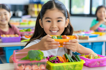 Student enjoying their packed lunches or cafeteria meals.   Girl and school lunch.  