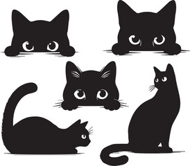 Collection of Black Cat Faces Peeking from Corners: Playful and Spying Pets - Tattoo Designs