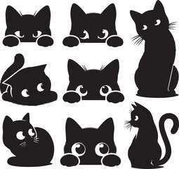 Collection of Black Cat Faces Peeking from Corners: Playful and Spying Pets - Tattoo Designs