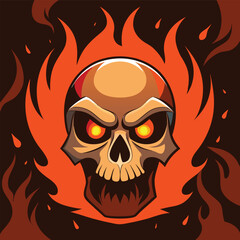 an angry skull with a red eye and a fire background