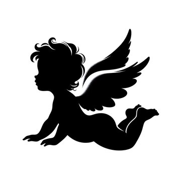 recommend clip art: Cherub cupid silhouettes, vector icons. Valentine day cupids or cherubim baby angles flying in wings for vintage retro cherub silhouettes
