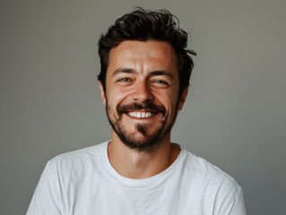 Fototapeta premium Portrait of a merry man in his 30s smiling at the camera isolated on minimalist or empty room background