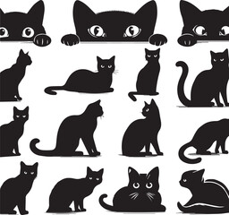 Collection of Black Cat Faces Peeking from Corners: Playful and Spying Pets - Tattoo Designs