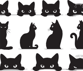 Collection of Black Cat Faces Peeking from Corners: Playful and Spying Pets - Tattoo Designs