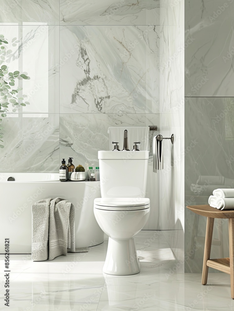 Aufkleber a renovated bathroom featuring sleek white fixtures and marble tiles, creating a fresh and inviting 