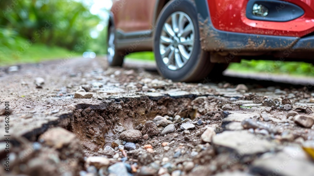 Poster generate an illustration of a car swerving to avoid hitting a pothole and scraping the curb.