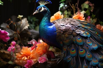 Obraz premium Peacock displays lush plumage in colorful garden., generative IA