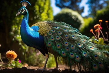 Obraz premium Proud Peacock displays iridescent plumage under the spring sun., generative IA