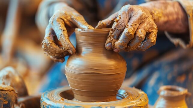 A close-up of a potter's hands shaping clay on a wheel, with the beginnings of a new vase.