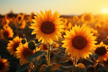 Fototapeta premium A field of sunflowers basking in the warm glow of sunrise