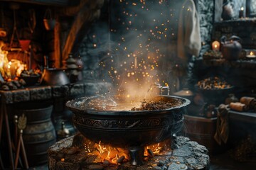 A cauldron bubbling over an open fire, surrounded by strange ingredients and mystical symbols.
